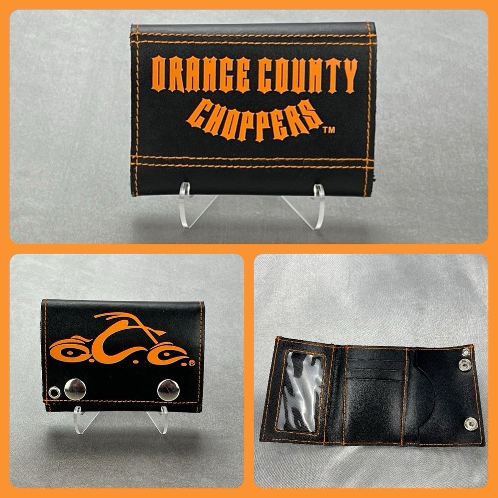 Vintage Orange County Choppers Black Orange Leather TriFold‎ Wallet No Chain Y2K
